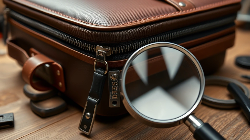 Close-up inspection of Delsey luggage quality details including zipper mechanisms, stitching patterns, and hardware components on wooden workbench, professional lighting highlighting craftsmanship, magnifying glass nearby