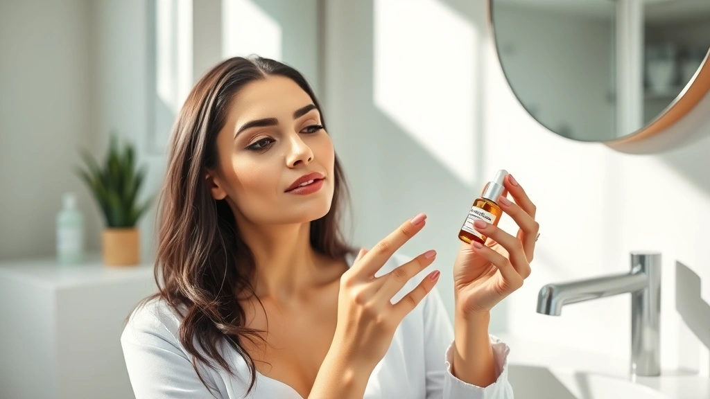 Professional woman examining luxury skincare serums in modern bathroom, natural lighting highlighting product bottles and texture, minimalist aesthetic