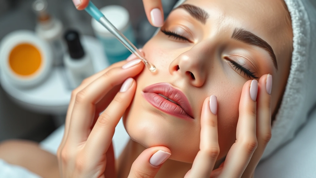 Close-up of hands applying premium vitamin C serum to face, clinical skincare setting with dermatological tools visible, professional beauty photography