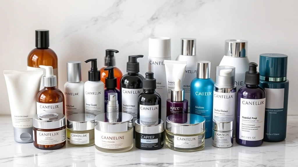 Organized skincare collection displaying multiple professional-grade bottles and creams on marble surface, organized by category, luxury packaging visible, studio lighting