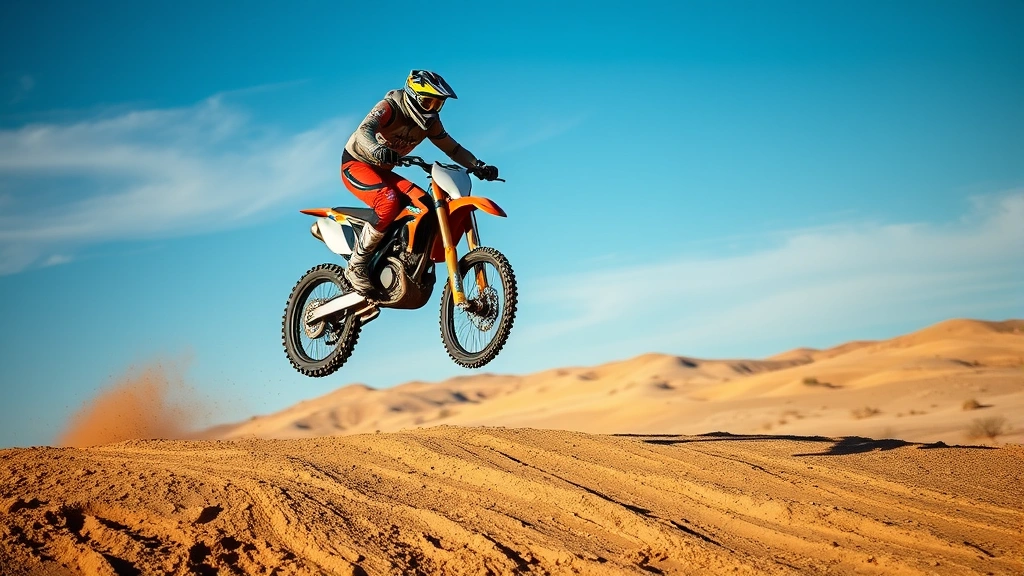 Professional motocross rider on dirt bike mid-jump over desert terrain with blue sky background, dynamic action shot
