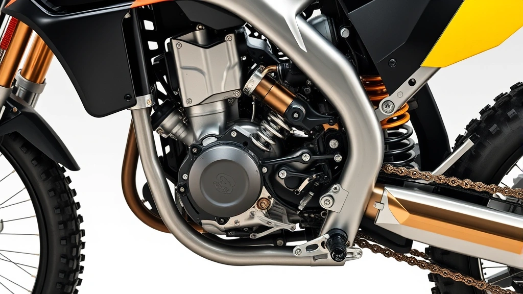 Close-up of modern dirt bike engine and suspension components showing technical engineering details and build quality