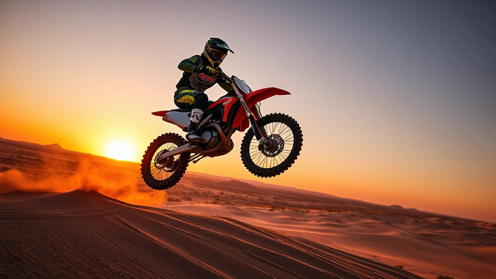 Professional dirt bike rider on high-performance motocross machine in mid-air jump over desert terrain during sunset, showcasing athletic skill and equipment engineering