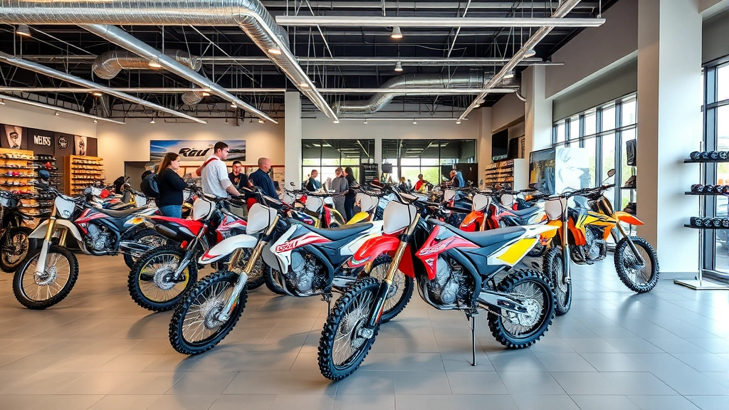 Modern motorcycle dealership showroom displaying multiple dirt bikes in organized retail environment with professional lighting and customers examining machines