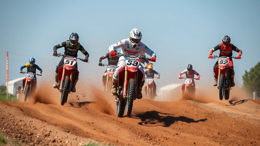 Competitive motocross event with multiple riders racing on challenging terrain featuring jumps and berms, demonstrating performance capabilities in real-world competition conditions
