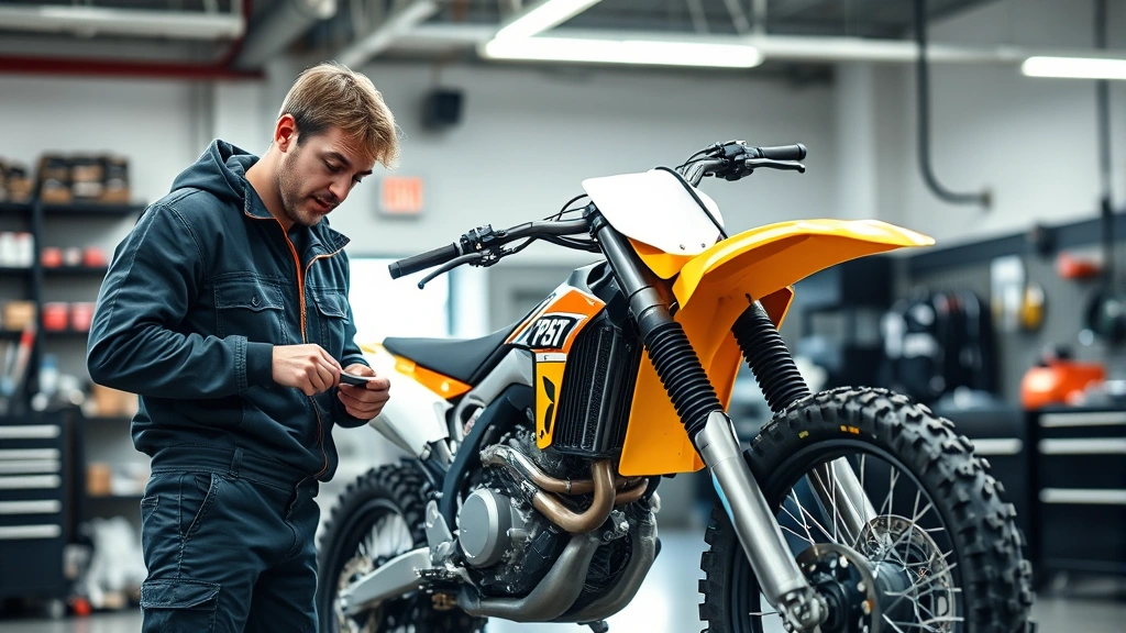 Professional motorcycle mechanic inspecting a new dirt bike in a well-lit dealership service bay, wearing safety gear, examining engine components and suspension systems with precision tools nearby