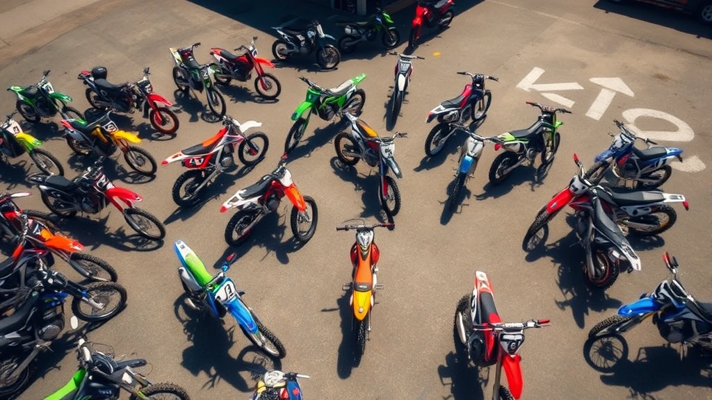 Aerial view of diverse dirt bikes arranged in outdoor dealership lot on sunny day, showing multiple color variants and model sizes from 110cc to 450cc machines with clear visibility
