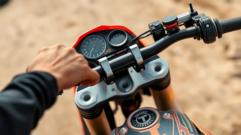 Close-up of dirt bike rider's hands gripping handlebars and adjusting controls on a high-performance 450cc machine, showing professional grip technique and instrument panel details in action