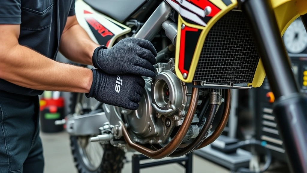 Experienced mechanic performing hands-on inspection of dirt bike engine, checking spark plugs and oil condition, wearing work gloves in professional garage setting with diagnostic equipment