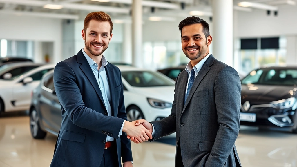Professional car salesman and customer shaking hands in modern dealership showroom, both smiling, contemporary business attire, bright neutral interior with cars visible in background, representing successful negotiation and purchase agreement moment