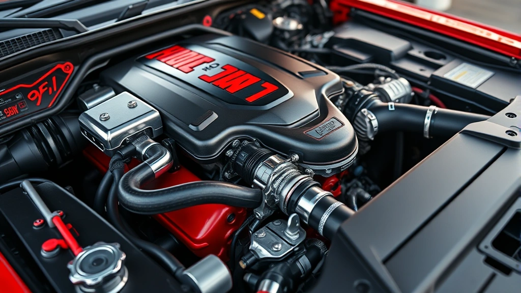 Close-up detail shot of Hellcat engine compartment showing powerful V8 engine with distinctive red accents, chrome details, and performance components, professional automotive photography with shallow depth of field highlighting mechanical excellence