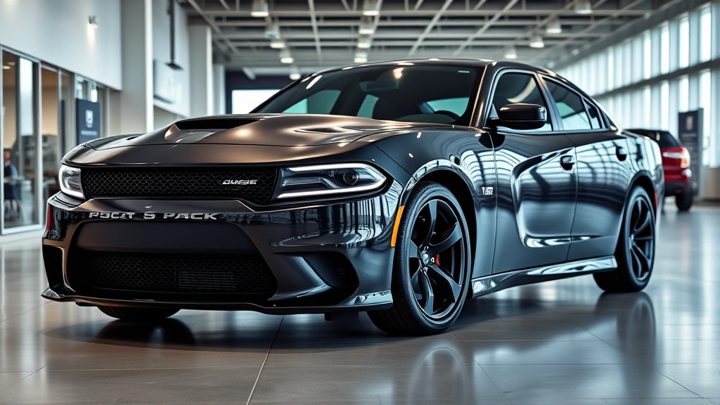 Photorealistic image of a Dodge Charger Scat Pack muscle car parked in a modern dealership showroom with professional lighting, no signage visible, professional automotive photography style
