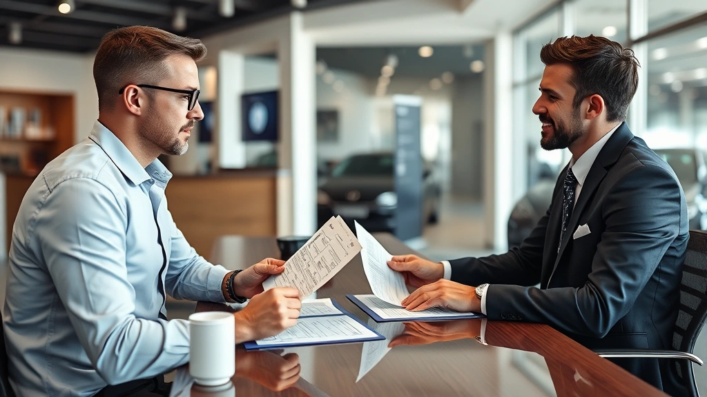 Professional photograph of a sales negotiation meeting at a dealership desk, showing buyer reviewing financing documents and price quotes, neutral dealership office environment, no visible text on documents