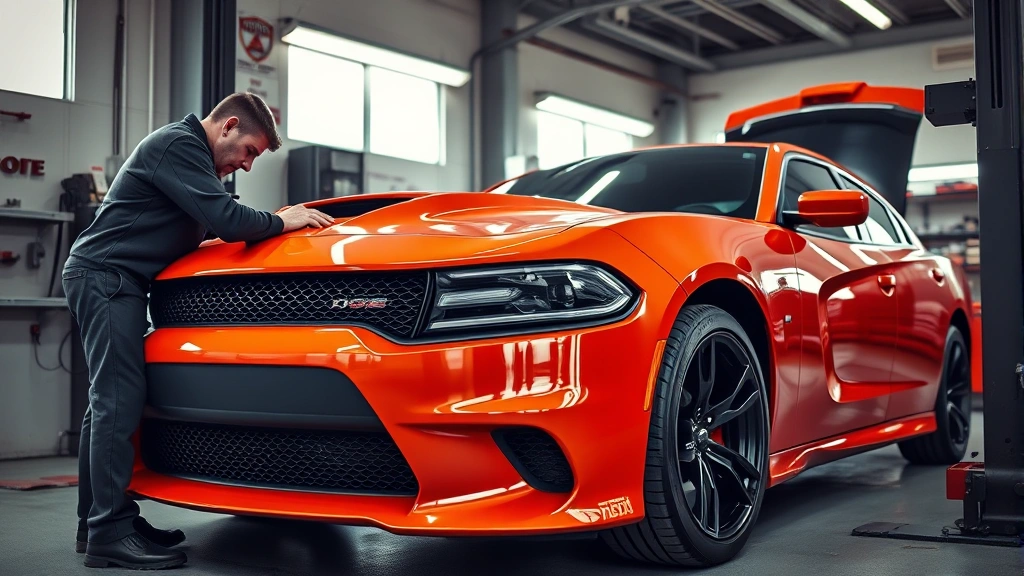 Realistic image of a Dodge Charger Scat Pack being inspected by a professional mechanic in a service bay, showing thorough vehicle examination and quality assessment procedures