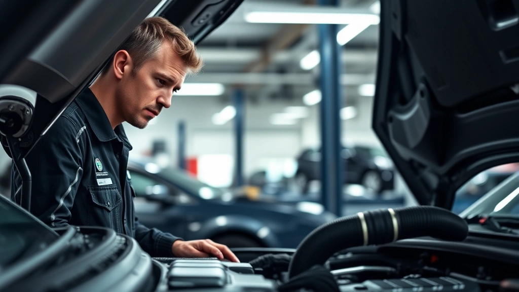 Professional automotive technician inspecting engine bay of high-performance vehicle, wearing diagnostic tools, focused expression, modern dealership service center background, bright professional lighting