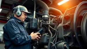 Professional commercial truck driver inspecting heavy-duty diesel engine in well-lit service bay, checking fluid levels and components with diagnostic tools