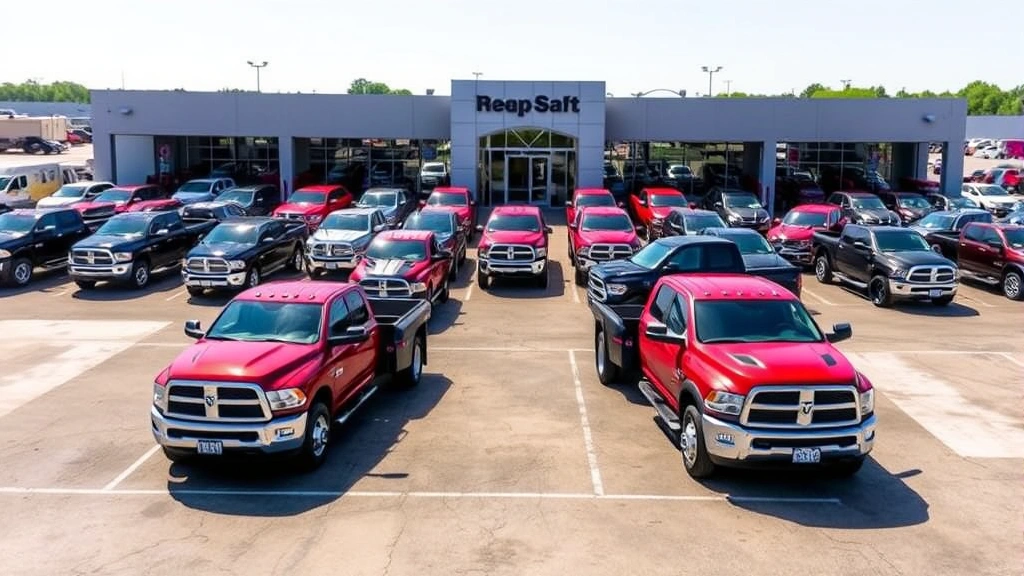 Busy truck dealership lot displaying multiple Dodge Ram 3500 dually trucks arranged in rows, showing various color options and configurations under natural daylight