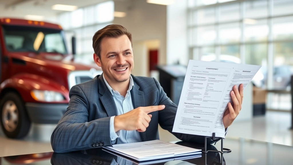 Successful businessman reviewing truck specifications and financing paperwork at dealership desk, pointing at contract documents with satisfied expression