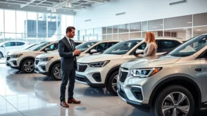 Professional automotive dealership sales floor with multiple full-size SUVs displayed under bright showroom lighting, salesperson in business attire discussing vehicle features with customer couple, modern dealership interior with transparent glass office partitions and digital display screens showing vehicle inventory