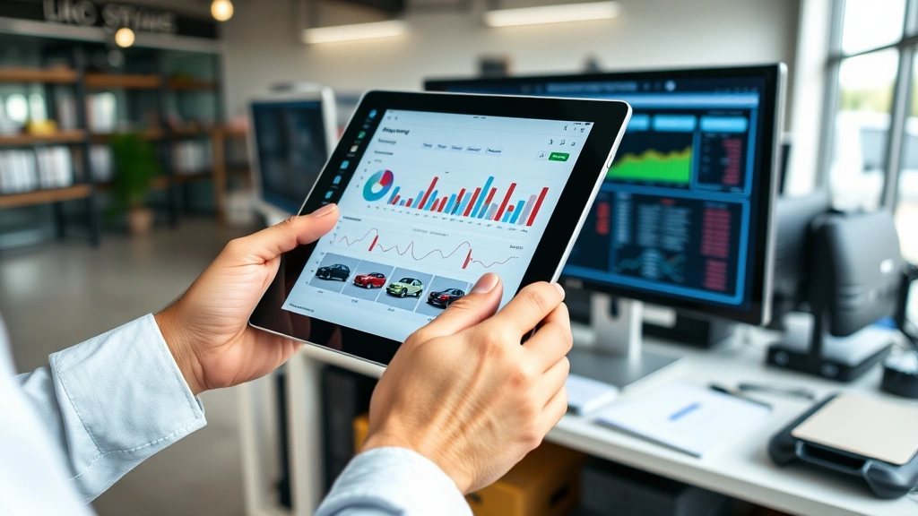 Close-up of hands holding tablet displaying vehicle inventory management dashboard with graphs and analytics, modern dealership workspace with computers showing automotive pricing software and market data, professional environment with organized filing systems and automotive industry documentation
