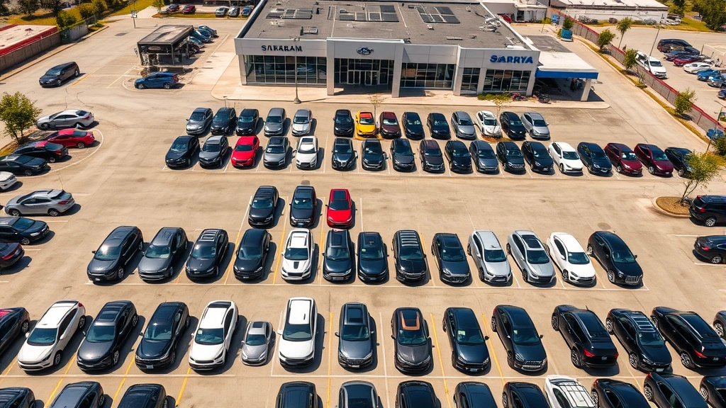 Aerial view of large dealership lot with multiple three-row SUVs arranged in rows, diverse vehicles in various colors with clear lot signage, well-maintained outdoor display area with modern dealership building visible in background, sunny day with professional lot lighting setup
