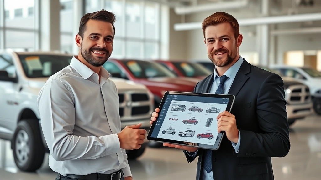 Professional automotive salesperson showing digital tablet with truck inventory listings to customer in modern dealership showroom with Dodge Ram trucks visible in background, natural daylight through large windows, confident business attire