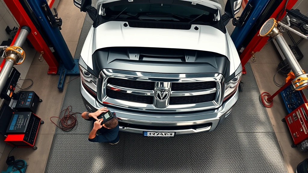 Overhead view of mechanic performing pre-purchase inspection on Dodge Ram 2500 truck in service bay, checking mechanical components with diagnostic tools, professional workshop setting with proper lighting