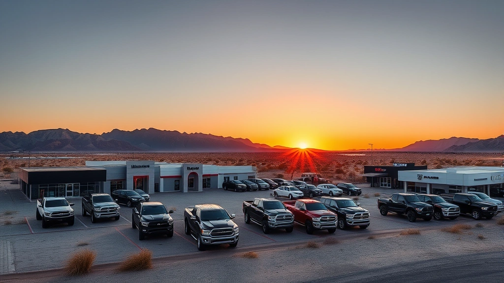 Las Vegas desert landscape with multiple truck dealership lots displaying inventory of Ram 2500 trucks at sunset, wide-angle view showing competitive market with multiple locations, clear sky and natural lighting