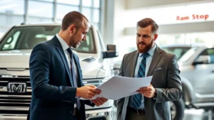Professional truck salesman in business casual attire reviewing paperwork with customer at dealership showroom, natural lighting, modern dealership interior with Dodge Ram visible in background