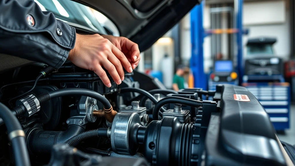 Close-up of mechanic's hands inspecting truck engine components during pre-purchase inspection, professional garage setting with diagnostic equipment visible, natural daylight