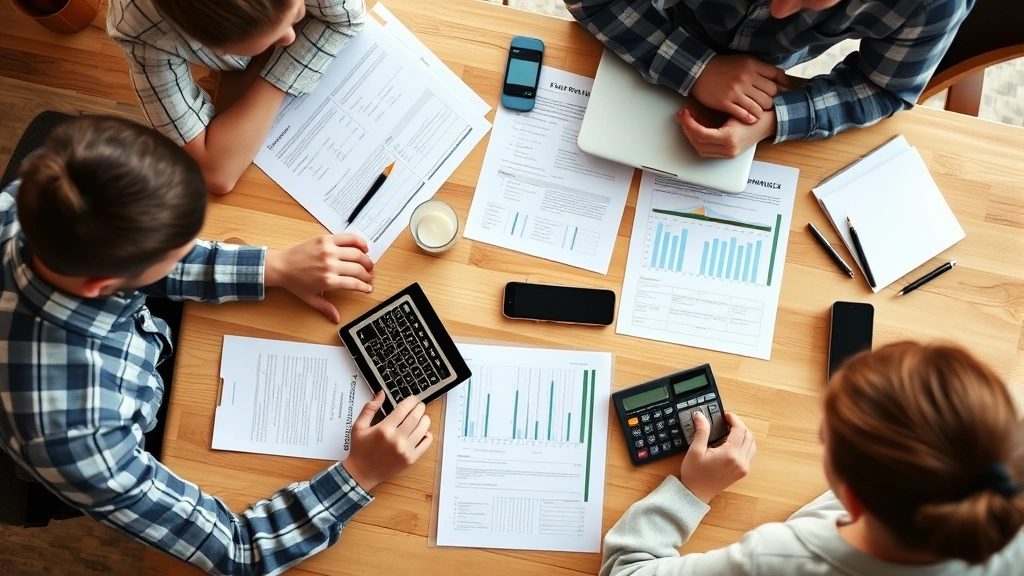 Overhead view of family reviewing truck financing documents and calculator at kitchen table with laptop, organized paperwork layout, warm natural home lighting