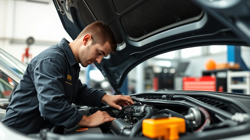 Close-up of automotive mechanic performing comprehensive vehicle inspection under hood, checking engine components and systems, professional tools displayed, detailed quality assurance process in modern service facility