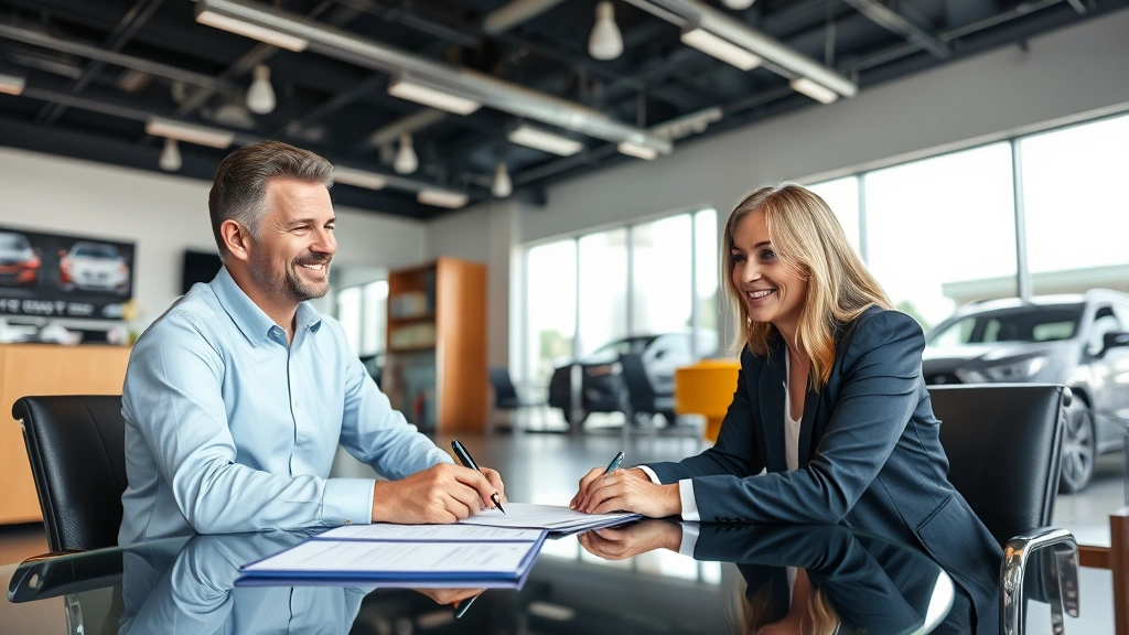 Customer sitting in comfortable office environment signing automotive purchase documents with professional dealership staff member, paperwork on desk, friendly and professional interaction, transparent business transaction setting