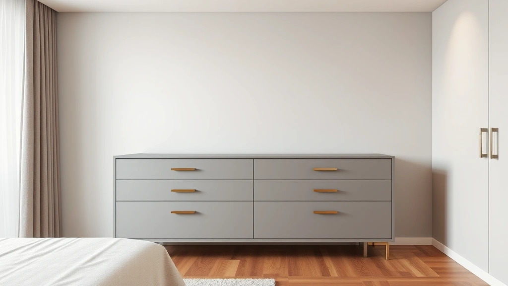 Photorealistic modern bedroom with sleek minimalist dresser featuring clean lines, neutral gray finish, contemporary hardware, and wooden flooring, professional interior design photography