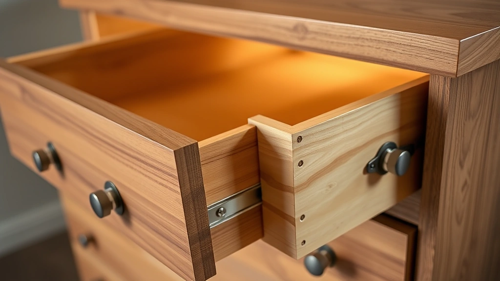 Professional product photography of quality dresser showing open drawers with smooth soft-close mechanism, dovetail joint details, and metal drawer glides, warm studio lighting highlighting craftsmanship