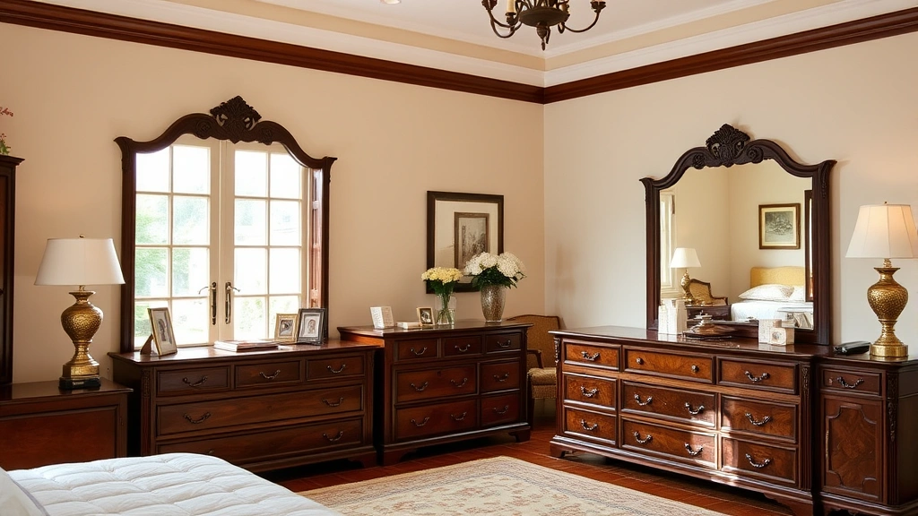 Spacious master bedroom interior with traditional wooden dresser with mirror, showing proper furniture arrangement, balanced room layout, natural window light reflecting in mirror, comfortable bedroom setting
