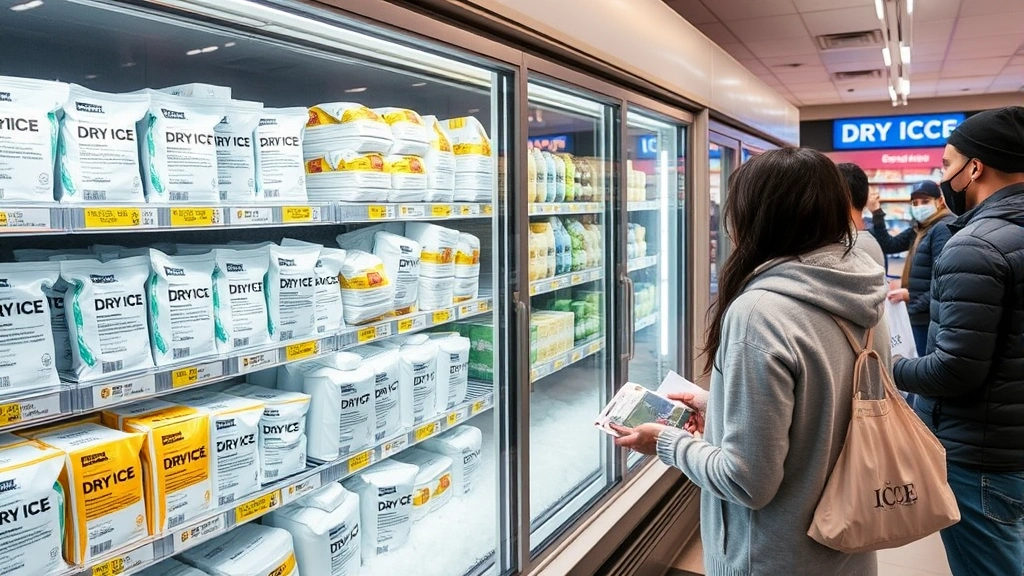 Modern retail store freezer section displaying dry ice products with clear labeling and safety warnings, customers selecting packaged dry ice