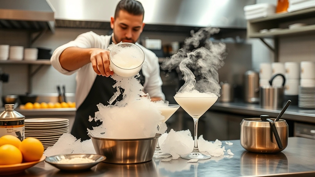 Food service kitchen using dry ice for cocktail presentation and culinary effects, showing professional application with proper equipment and safety measures