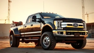Professional photograph of Ford F-350 Super Duty dually truck parked on construction site with multiple tools and materials loaded, showcasing dual rear wheels and powerful stance, golden hour lighting, photorealistic detail