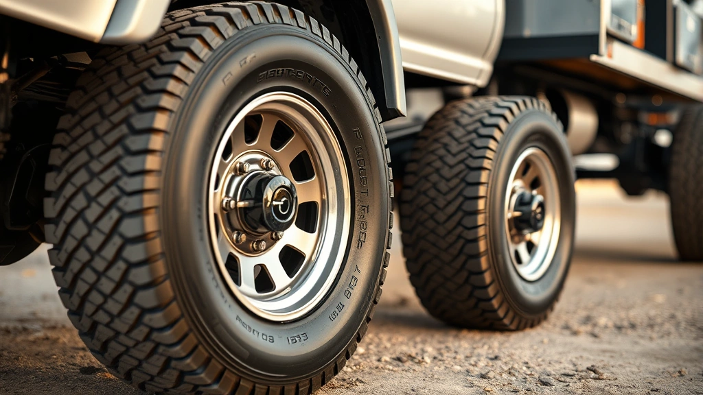 Close-up detail shot of dual rear wheels on dually truck showing tire configuration and suspension system, professional automotive photography with sharp focus on wheel assembly and tire tread patterns