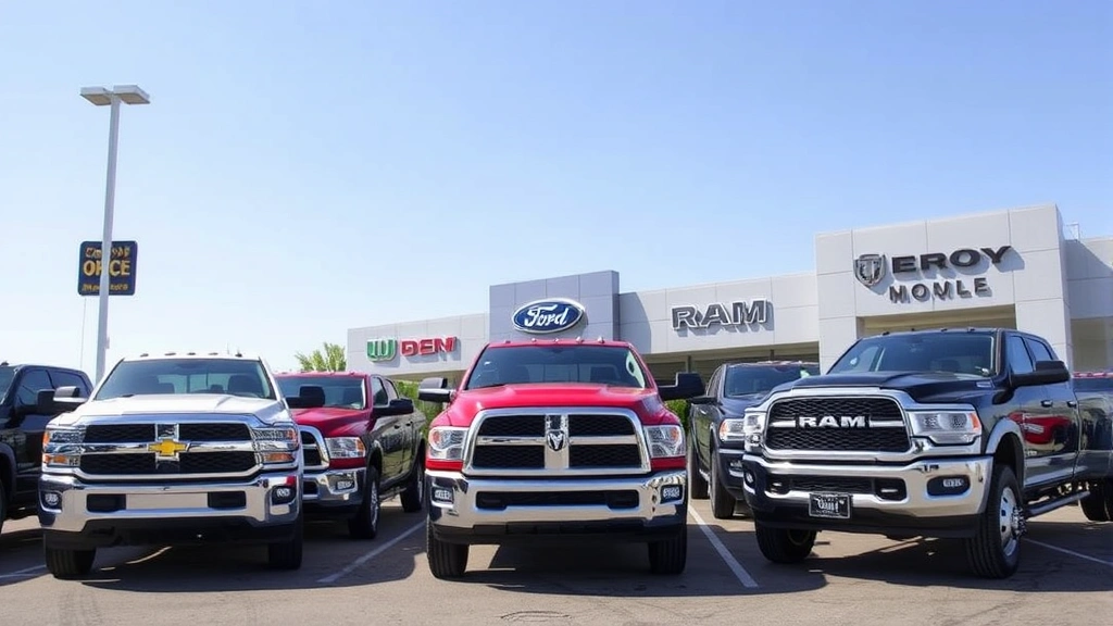 Fleet of multiple dually trucks lined up at commercial dealership lot displaying different manufacturers including Chevrolet, Ford, and Ram models, showing variety of colors and configurations, clear daylight photography