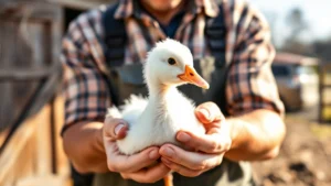 Professional farmer holding healthy Pekin duckling in hands outdoors on farm, showing proper bird handling technique, morning sunlight, rustic barn background, focus on duckling's clean white feathers and alert expression