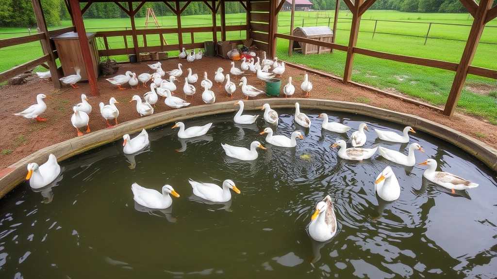 Organized duck pen setup with multiple breeds swimming in clean water feature, lush green pasture, wooden shelter structure, peaceful farm environment showing proper housing and space requirements