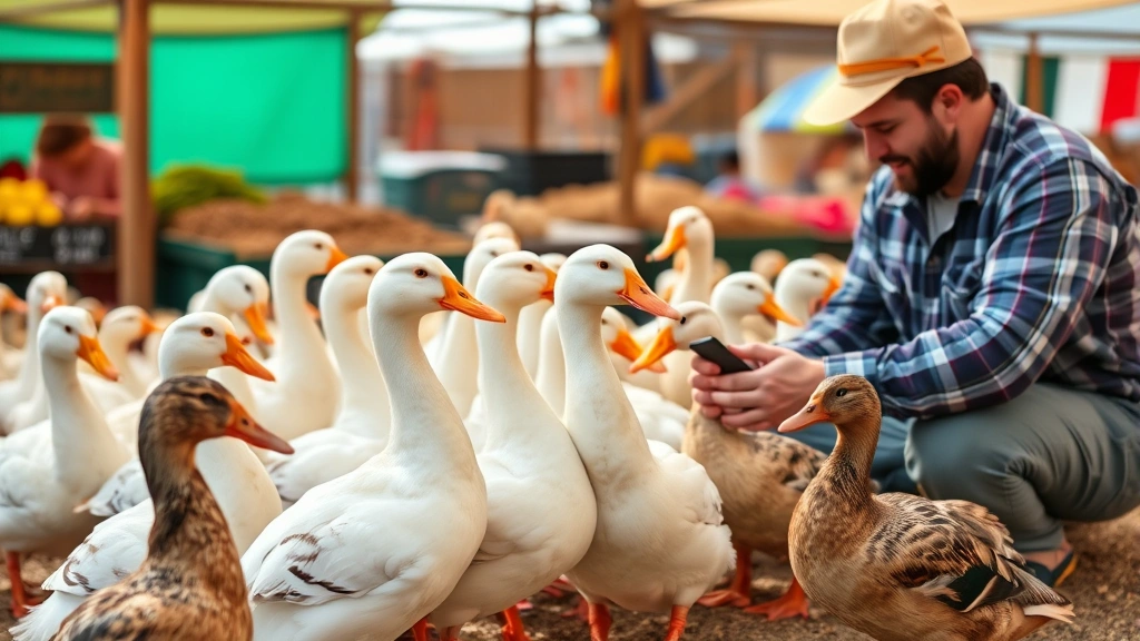 Farmer inspecting group of healthy adult ducks at outdoor farm market stall, ducks displaying natural behaviors, clear daylight, professional agricultural setting demonstrating breed quality assessment