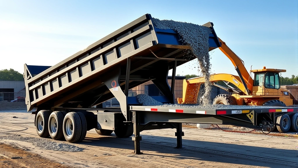 Professional photo of a tandem-axle hydraulic dump trailer loaded with gravel, photographed at job site during daytime showing dump mechanism raised at 45-degree angle with material flowing from bed, construction equipment in background