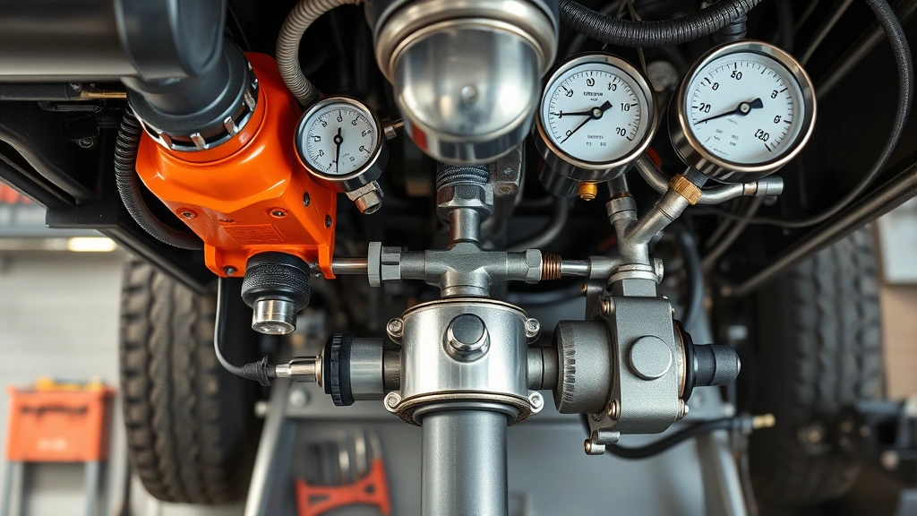Close-up overhead view of dump trailer hydraulic pump and cylinder system components, showing pressure gauges, hoses, and mechanical connections, industrial workshop setting with tools visible