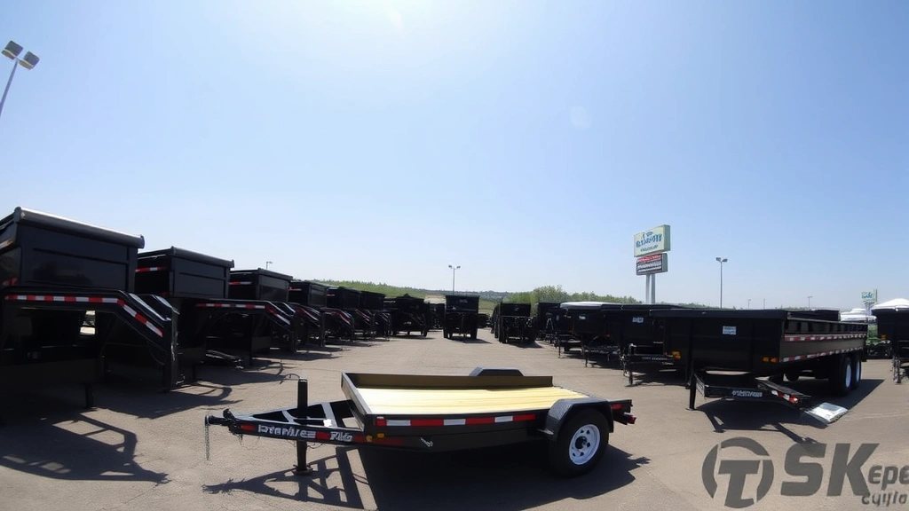 Wide-angle photograph of equipment dealer lot displaying multiple dump trailers in various configurations including gooseneck and standard models, clean organized display with clear sky, pricing signage visible on trailers
