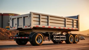 Professional tandem-axle dump trailer with raised bed showing hydraulic cylinders fully extended, backed against earthen loading site with construction equipment visible, golden hour lighting, high-resolution commercial photography