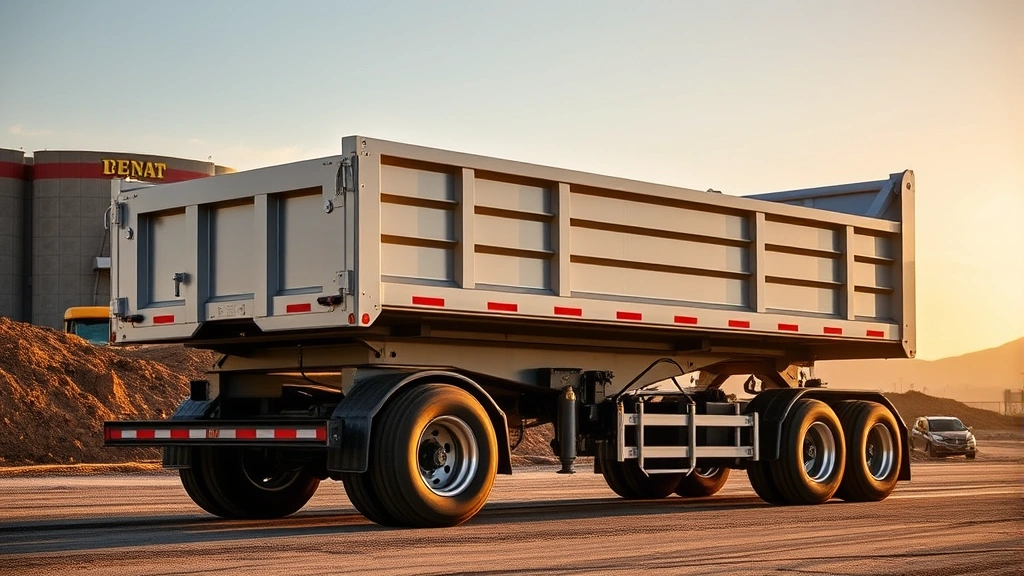 Professional tandem-axle dump trailer with raised bed showing hydraulic cylinders fully extended, backed against earthen loading site with construction equipment visible, golden hour lighting, high-resolution commercial photography