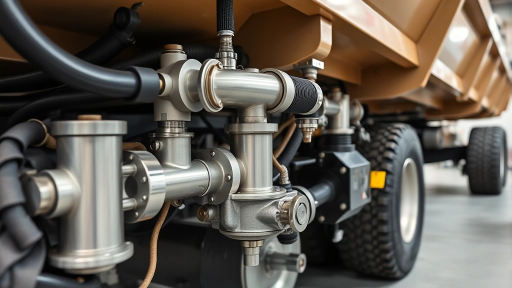 Close-up of heavy-duty dump trailer hydraulic system components including cylinders, hoses, and pump mechanisms, clean industrial setting with technical detail visible, professional equipment photography